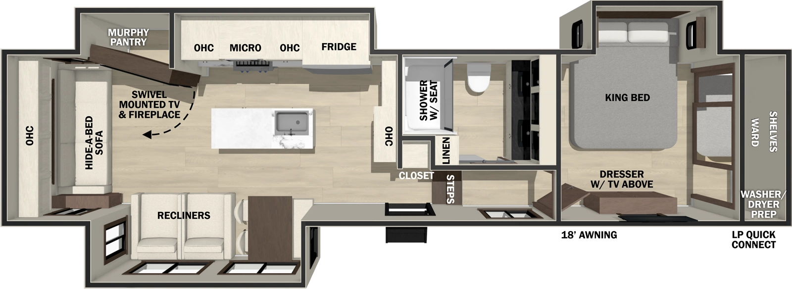 The Cedar Creek 361RL floorplan has one entry and three slide outs. Exterior features include: fiberglass exterior and 18' awning. Interiors features include: kitchen island, front bedroom and rear living.